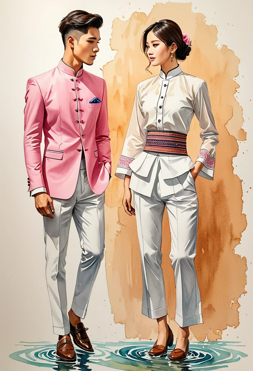 candid fashion illustration of two young man and women, 20-27 year old, adorned in a meticulously crafted North Thai traditional outfits, Lampang, ((showcase fashion Lanna style in cotton handwoven)), simple elegant style, The man wears a simple long-sleeved white mandarin collar suit, paired with Tailor pants, and oxford shoes, The woman complements him with mini tubular skirt made from a cotton ankle-length, simple minimal pink patterns details, fitted intricately decorated waist-length blouse that complements the skirt, standing, Captured in full-body image, ((imperfect water color background)), sketching, realistic drawing, imperfect water color drawing, fashion look book, fashion illustrator, sketch design,