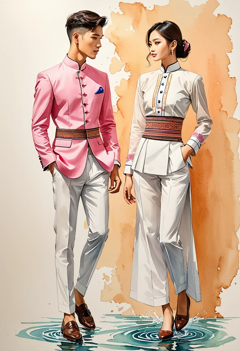 candid fashion illustration of two young man and women, 20-27 year old, adorned in a meticulously crafted North Thai traditional outfits, Lampang, ((showcase fashion Lanna style in cotton handwoven)), simple elegant style, The man wears a simple long-sleeved white mandarin collar suit, paired with Tailor pants, and oxford shoes, The woman complements him with mini tubular skirt made from a cotton ankle-length, simple minimal pink patterns details, fitted intricately decorated waist-length blouse that complements the skirt, standing, Captured in full-body image, ((imperfect water color background)), sketching, realistic drawing, imperfect water color drawing, fashion look book, fashion illustrator, sketch design,