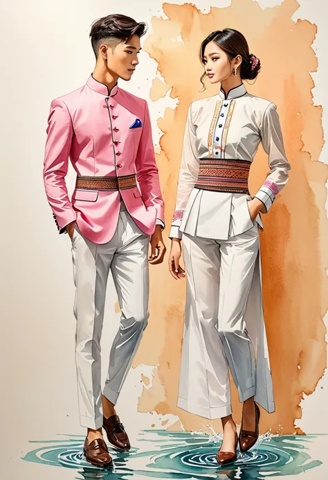 candid fashion illustration of two young man and women, 20-27 year old, adorned in a meticulously crafted north thai traditional...