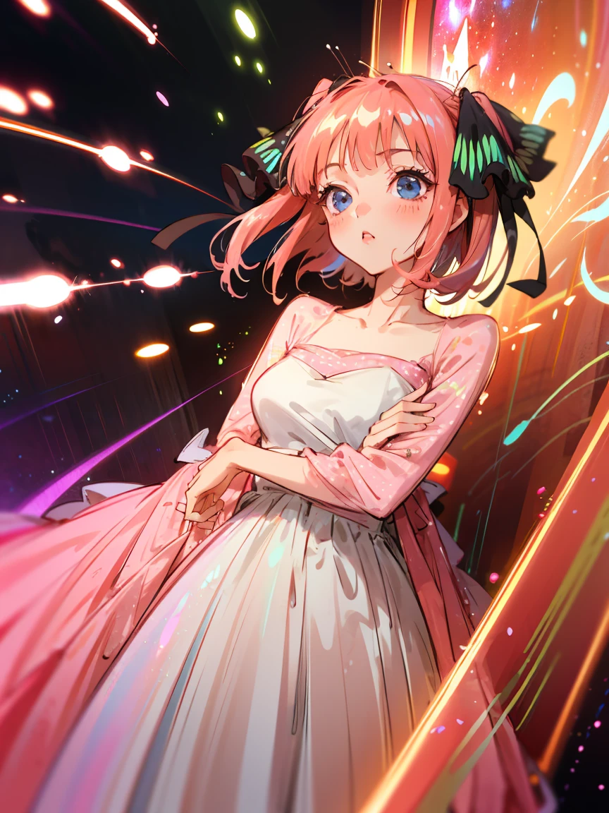 bioluminescent shiny glow, beautiful girl in flowing ballgown dress, galaxy style dress, galaxy glow, sparkling, ethereal, fluffy flowing pink hair, silky glistening iridescent pink hair,  nakano nino, hair ribbons, blue eyes, aanino