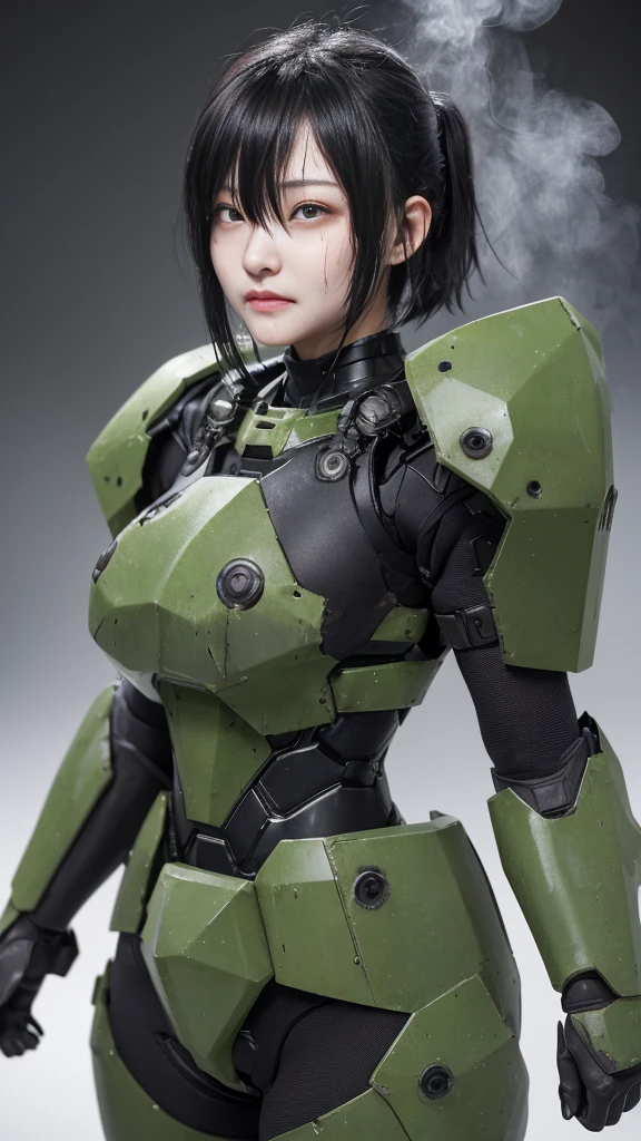 , Advanced Details, high quality, 最high quality, High resolution, 1080P 、Bleeding from wounds、Sexy Eyes、Wearing green and black、cute((The whole body is sweating))(Equipped with a damaged battle suit....)(Dark green armor)(Broken Armor)Black Hair、Chiquita、short hair、Pained expression、It hurts again、Healthy Skin、cute20 year old female　defeat　(Steam coming out of the face) ((Steam from the body)) 　Explosion from within the body　I&#39;m taking blows all over my body　Hit　Unable to fight　Severe attacks　((Headgear broke.　)) Flying debris　bare hands　Armor Stripping　The armor explodes　Sparks fly　centering　Bleeding　