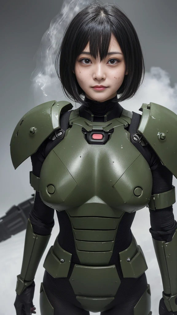 , Advanced Details, high quality, 最high quality, High resolution, 1080P 、Bleeding from wounds、Sexy Eyes、Wearing green and black、cute((The whole body is sweating))(Equipped with a damaged battle suit....)(Dark green armor)(Broken Armor)Black Hair、Chiquita、short hair、Pained expression、It hurts again、Healthy Skin、cute20 year old female　defeat　(Steam coming out of the face) ((Steam from the body)) 　Explosion from within the body　I&#39;m taking blows all over my body　Hit　Unable to fight　Severe attacks　((Headgear broke.　)) Flying debris　bare hands　Armor Stripping　The armor explodes　Sparks fly　centering　Bleeding　