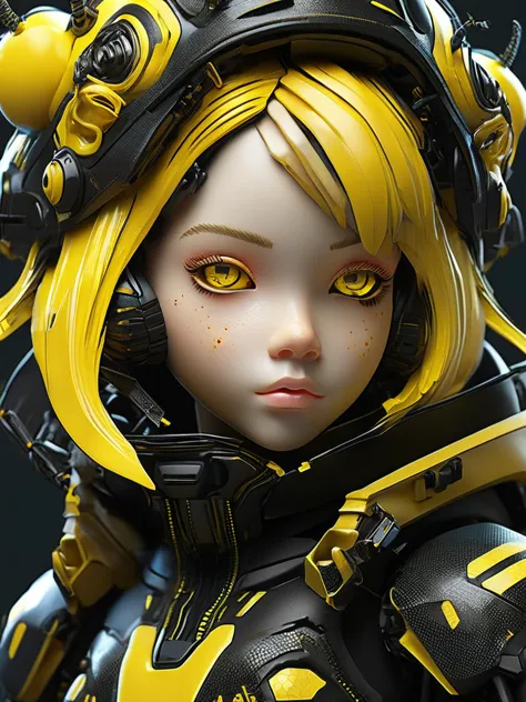 a close up of a doll with yellow hair and a black jacket, cyberpunk bee, insect trainer girl, epic 3 d abstract emo girl, cute d...