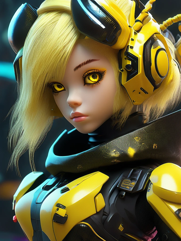 a close up of a doll with yellow hair and a black jacket, cyberpunk bee, insect trainer girl, epic 3 d abstract emo girl, cute detailed digital art, cyberpunk cyborg wasp, anime styled 3d, anime styled digital art, trending on deviant art, based on bumblebee, anime style digital art, human structure bee concept art, yellow eyes