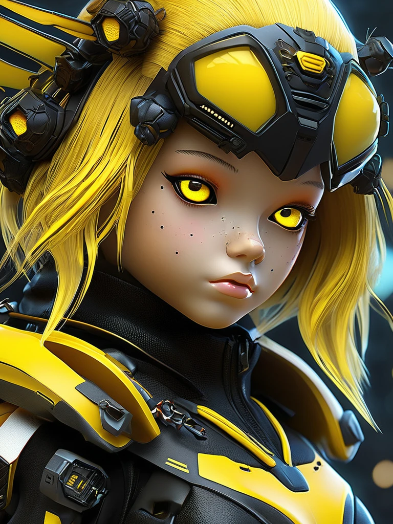 a close up of a doll with yellow hair and a black jacket, cyberpunk bee, insect trainer girl, epic 3 d abstract emo girl, cute detailed digital art, cyberpunk cyborg wasp, anime styled 3d, anime styled digital art, trending on deviant art, based on bumblebee, anime style digital art, human structure bee concept art, yellow eyes