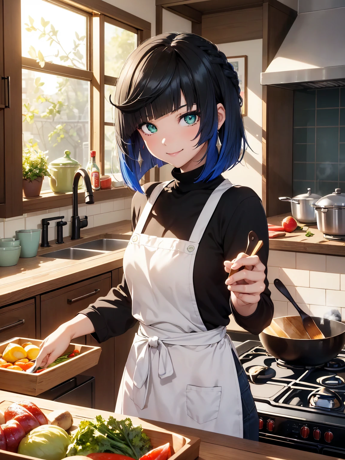 chef-d&#39;œuvre, Meilleure qualité, linéaire, capture d&#39;écran d&#39;anime, esquisser, (1fille, seulement:1.3), (cheveux noirs, frange, coupe au carré, les cheveux se balancent au gré du vent:1.3), (yeux verts, pupilles brillantes, Yeux pétillants:1.2), (portant un col roulé marron, Tablier blanc, pantalon noir:1.4), (nourriture sur la table, poêle:1.4), (sourire, debout, tenant une cuillère:1.5), particules légères, paysage, à l&#39;intérieur, bokeh, éclairage ambiant, couleurs vives, objectif 200 mm, (Yelan de Genshin Impact se prépare à cuisiner dans la cuisine:1.1), YelanV4, 