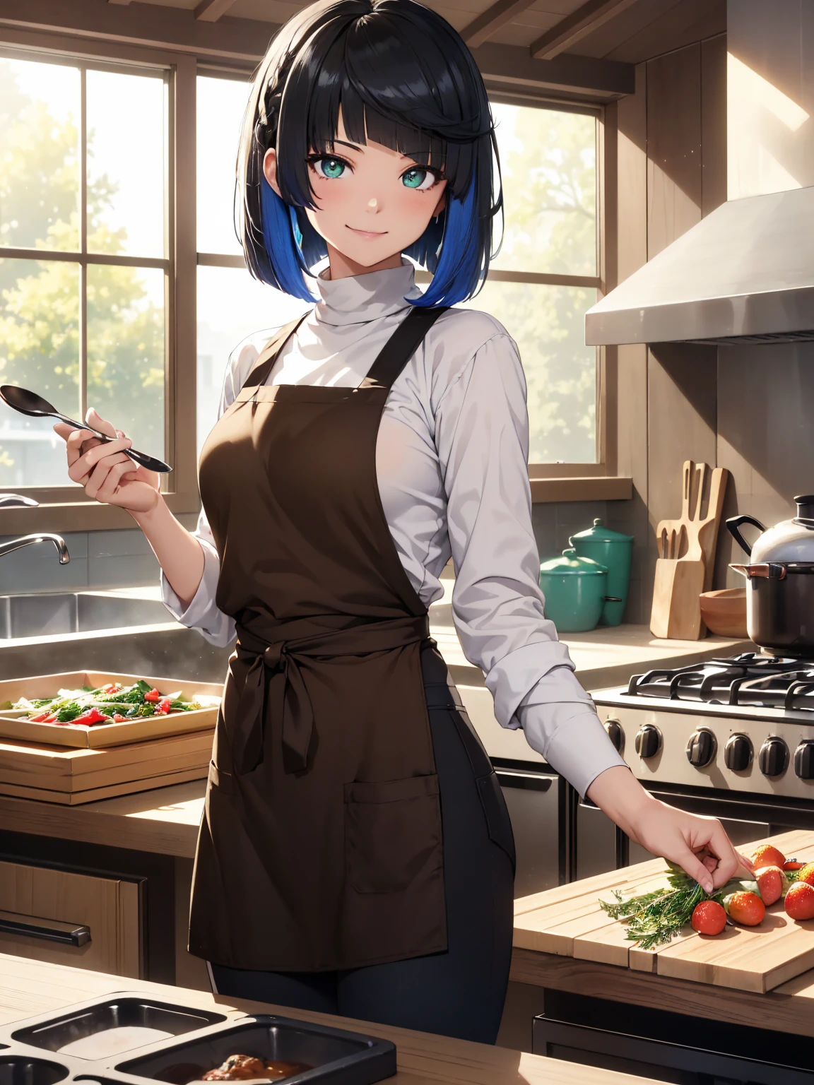 masterpiece, best quality, lineart, anime screencap, sketch, (1girl, solo:1.3), (black hair, bangs, bob cut, hair swaying from the wind:1.3), (green eyes, bright pupils, sparkling eyes:1.2), (wearing brown turtleneck, white apron, black pants:1.4), (food on the table, stove:1.4), (smile, standing, holding a spoon:1.5), light particles, scenery, indoors, bokeh, ambient lighting, vibrant colors, 200mm lens, (yelan from genshin impact is preparing to cook in the kitchen:1.1), YelanV4, 