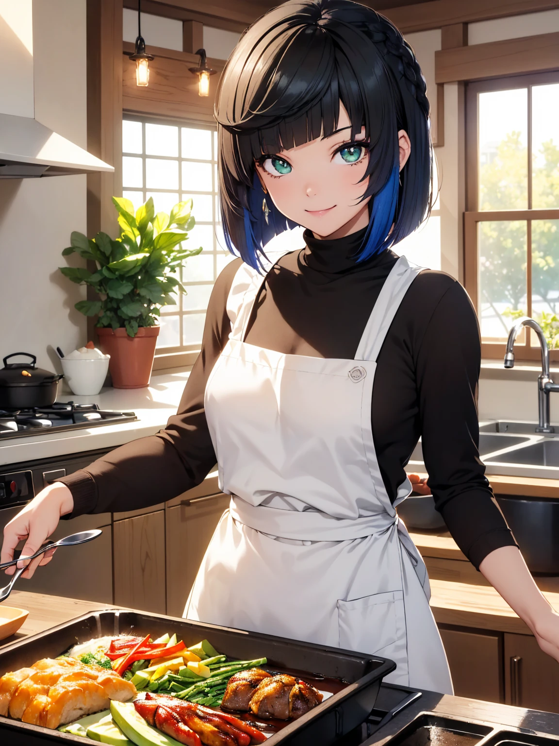 masterpiece, best quality, lineart, anime screencap, sketch, (1girl, solo:1.3), (black hair, bangs, bob cut, hair swaying from the wind:1.3), (green eyes, bright pupils, sparkling eyes:1.2), (wearing brown turtleneck, white apron, black pants:1.4), (food on the table, stove:1.4), (smile, standing, holding a spoon:1.5), light particles, scenery, indoors, bokeh, ambient lighting, vibrant colors, 200mm lens, (yelan from genshin impact is preparing to cook in the kitchen:1.1), YelanV4, 