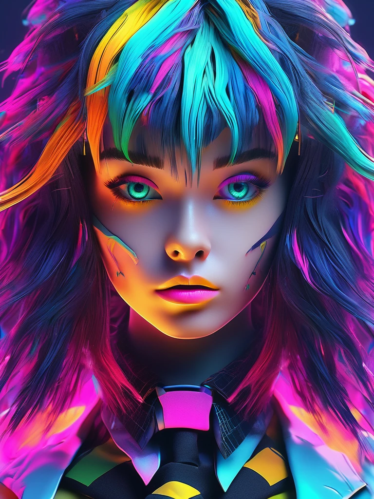 a close up of a person with a weird hair and a tie, epic 3 d abstract emo girl, glitchpunk girl, vibrant fan art, cyberpunk vibrant colors, crazy hair, with haunted eyes and crazy hair, colorfull digital fantasy art, colorful static, 3d digital art 4k, horrific digital art, alice in wonderland cyberpunk, dreamy colorful cyberpunk colors