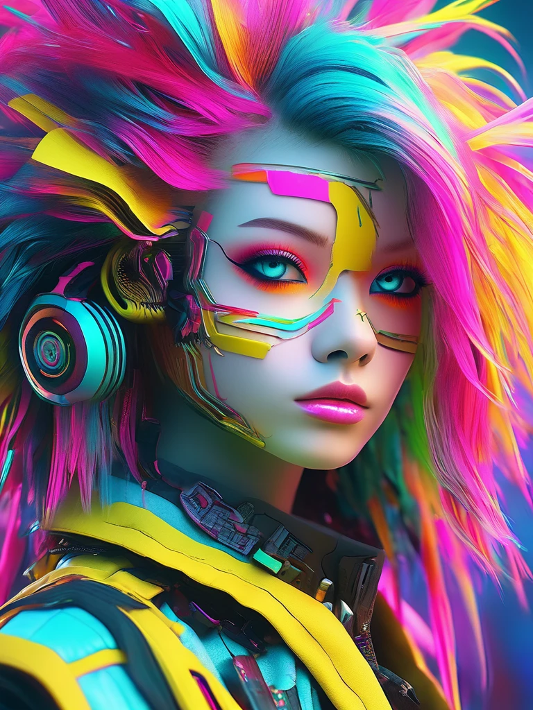 a close up of a person with a weird hair and a tie, epic 3 d abstract emo girl, glitchpunk girl, vibrant fan art, cyberpunk vibrant colors, crazy hair, with haunted eyes and crazy hair, colorfull digital fantasy art, colorful static, 3d digital art 4k, horrific digital art, alice in wonderland cyberpunk, dreamy colorful cyberpunk colors