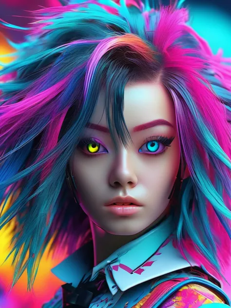 a close up of a person with a weird hair and a tie, epic 3 d abstract emo girl, glitchpunk girl, vibrant fan art, cyberpunk vibr...