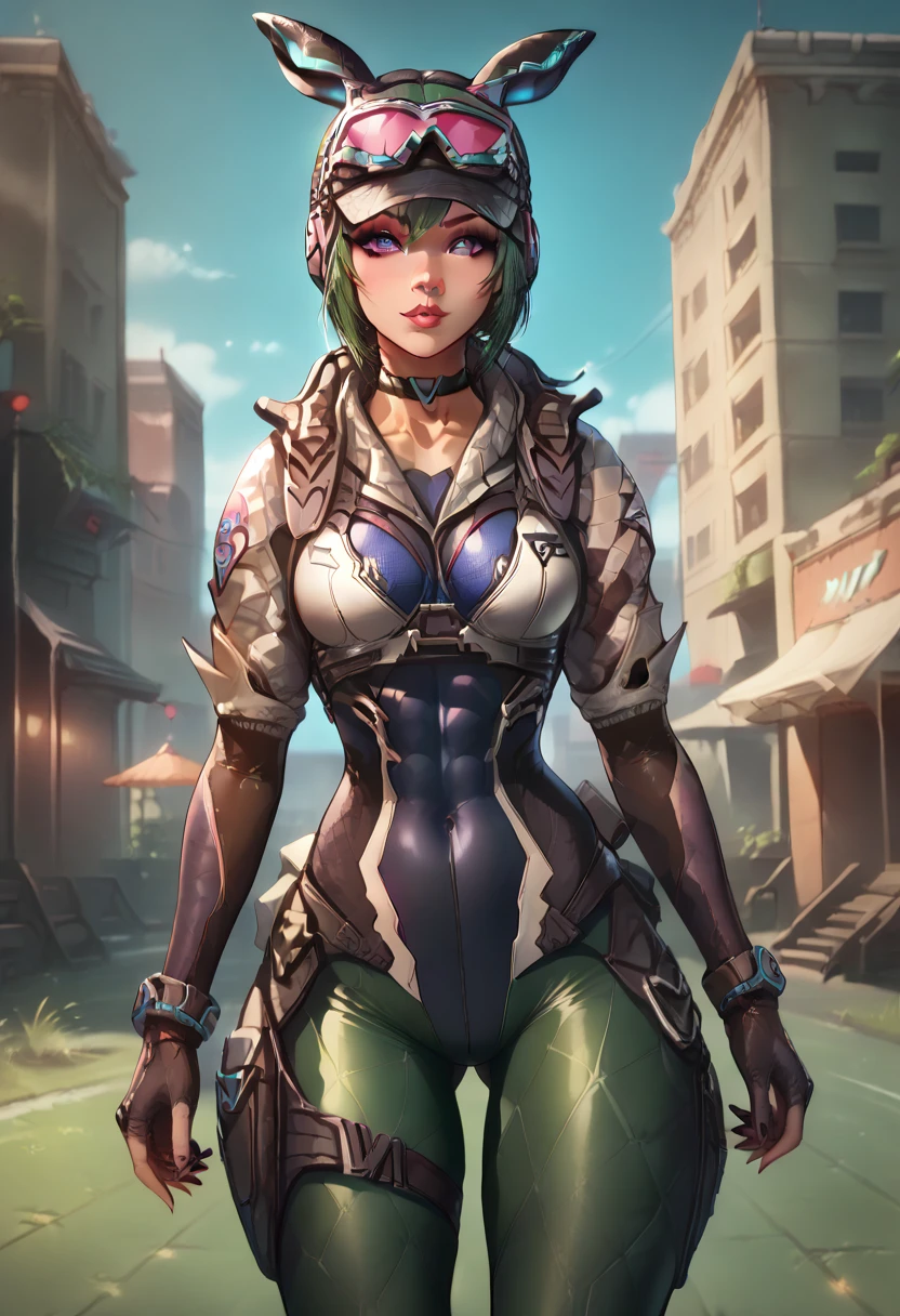 score_9, score_8_up, woman, athletic body, hourglass body, Ela Bosak from Rainbow Six Siege, seductive pose, Standing, tactical gear, green hair, thigh straps, clothed, revealing clothes, seductive face, beautiful eyes, detailed eyes, city scape background, black cap, pink goggles on cap, green yoga pants, black nails, choker, 