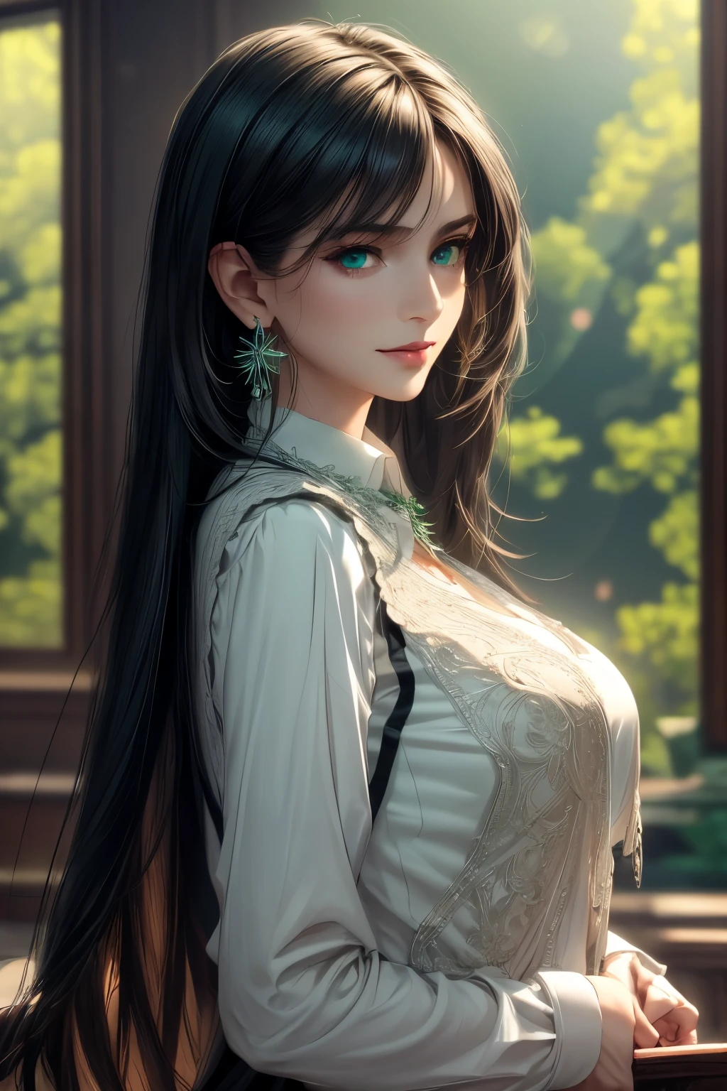 (masterpiece,best quality,ultra_detailed,highres,absurdres) solo, female focus, mysterious, Extremely gorgeous, 1 mature female, 25-ish, long black sleek hair, flat bangs, green highlight, floating hair, sidelocks, beautiful detailed Glass hair, delicate beautiful face, smirk smile, Iridescence and colorful eyes (detailed eyes), closed_mouth, Delicate arms and hands, big_breasts, (green eyes), white skin, delicate metal decorations, earrings, Beautifully gorgeous necklace, flowing lace, surreal, intricate light, Flying green petals, lens flare, absurdres, highres, very fine 8KCG wallpapers, simple background, ((close-up shot)), (((modern clothes))) (vest, looking at viewer, collared shirt, long sleeves, white shirt, black vest, earings).