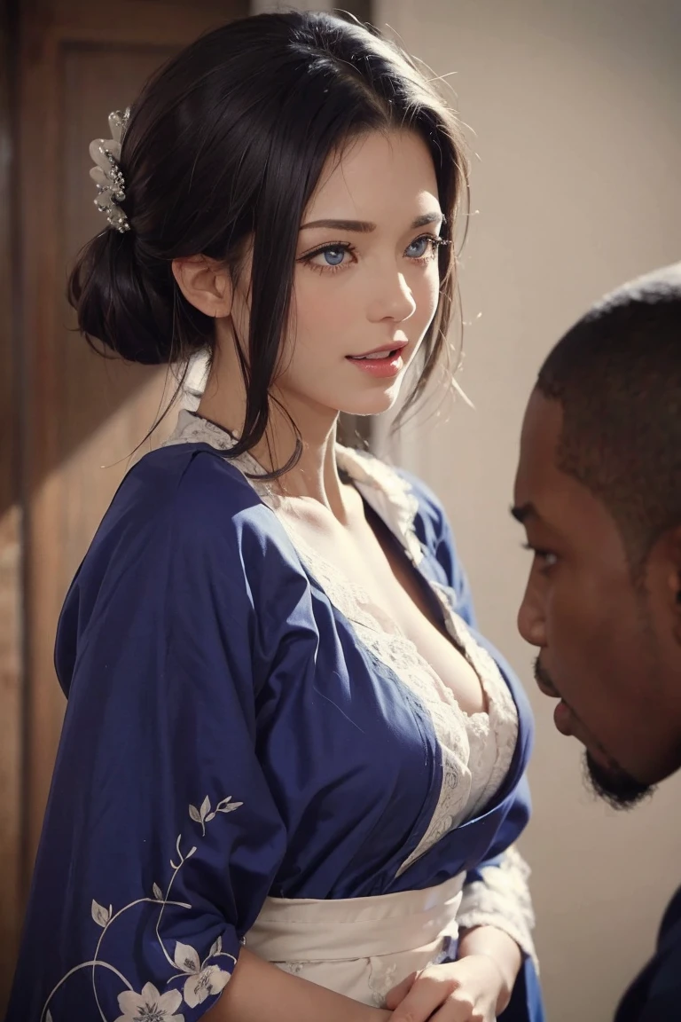 (best quality), (masterpiece), detailed, depth of field, perfect lighting, 1girl, mature female, about 48 yo, blue eyes, blue hair, low ponytail, hair ornament, (best quality), (masterpiece), detailed, depth of field, short sleeves,  blue kimono, blue hair, pearl hair accesories, upper body, huge natural breasts, smile, BREAK, surrounded by burly fat bbc black males, 