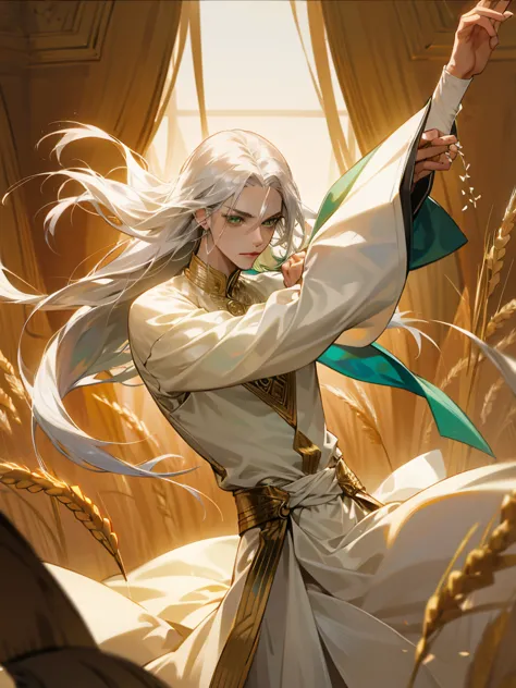 Male dancer, silk clothes, exposed, long silver hair, green eyes, wheat-colored skin, palace.