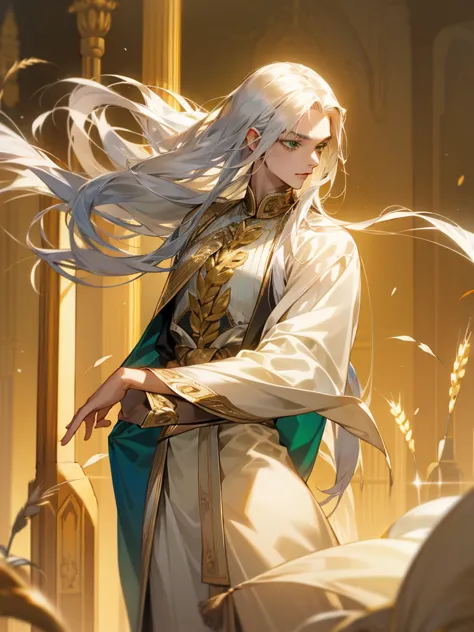 Male dancer, silk clothes, exposed, long silver hair, green eyes, wheat-colored skin, palace.