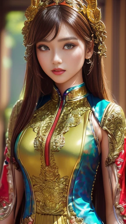 traje futurista usado por una niña que representa la fusión cultural y la moda moderna. El traje está adornado con patrones intrincados y colores vibrantes., mostrando el rico patrimonio de Indonesia. La niña se encuentra con confianza en una pose dinámica., con sus ojos detallados que reflejan determinación y curiosidad.. El material del traje es una combinación de textiles tradicionales y tejidos sintéticos futuristas., dándole una apariencia única y vanguardista. La calidad general de la imagen es del más alto nivel., con enfoque nítido y renderizado ultradetallado. La obra de arte emplea técnicas de renderizado de base física., dando como resultado iluminación y sombras realistas. Los colores son vivos y vibrantes., Capturando la esencia de la estética cultural indonesia.. El fondo presenta una fusión de arquitectura moderna y elementos tradicionales., creando una mezcla armoniosa del pasado y el futuro. El mensaje explora la intersección de la cultura indonesia., diseño futurista, y la representación artística de una chica segura de sí misma.