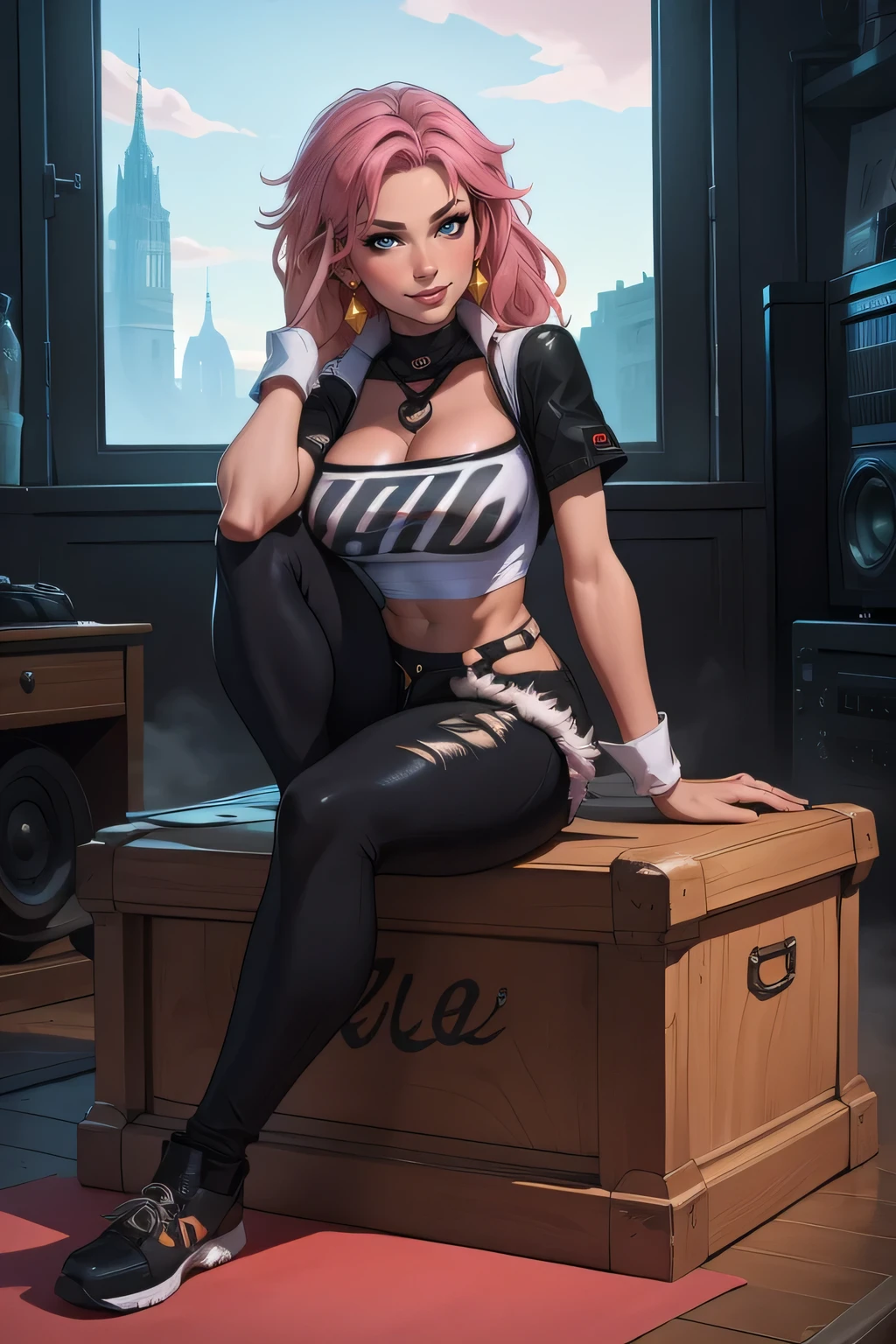 Nicole style, 8k, hdr, ureal engine, ultra quality, sitting,  clothes, long breasts,detailed realistic, pink toned hair, black top, black jeans shorts, golden earrings, cute, full body