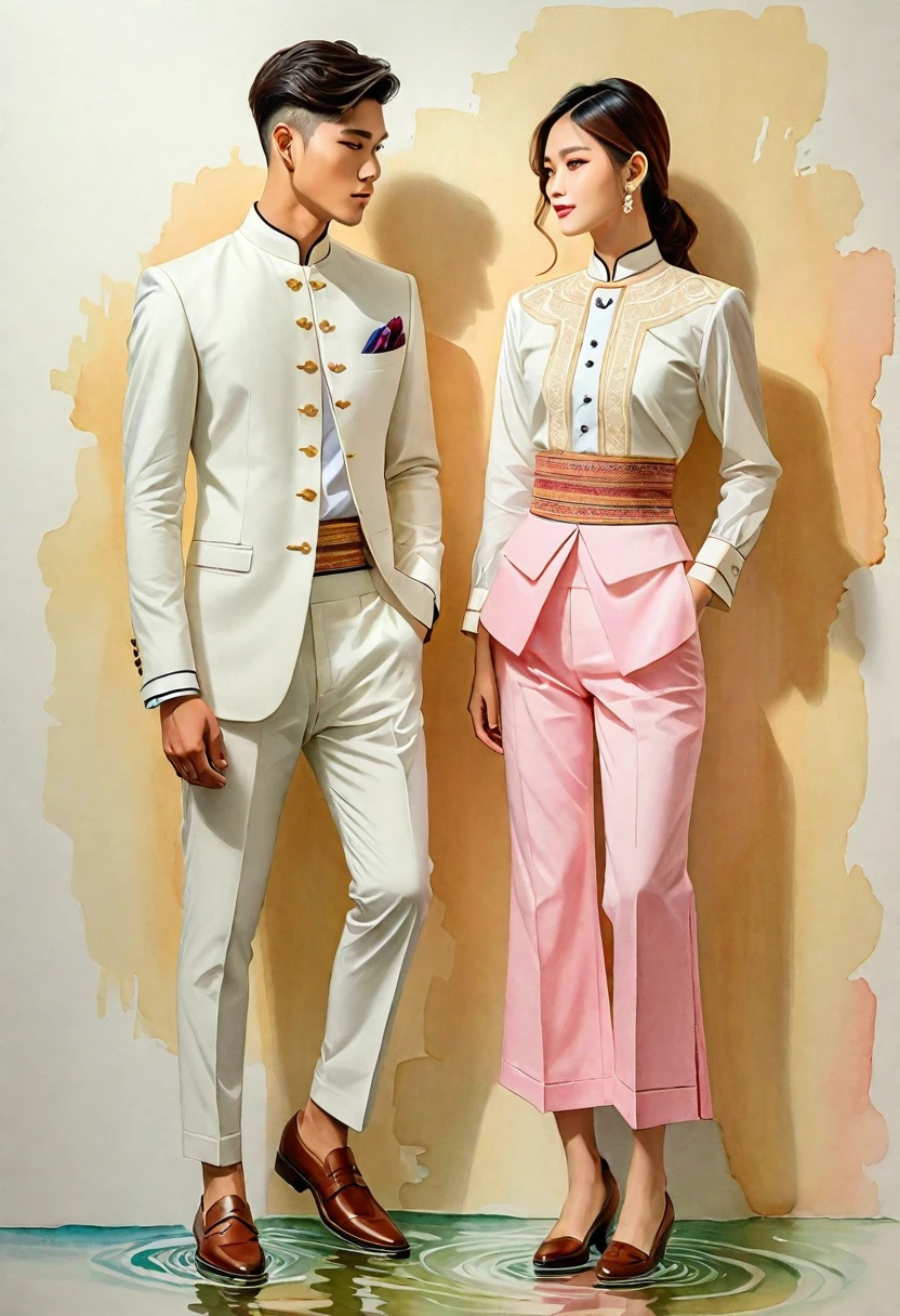 candid fashion illustration of two young man and women, 20-27 year old, adorned in a meticulously crafted North Thai traditional outfits, Lampang, ((showcase fashion Lanna style in cotton handwoven)), simple elegant style, The man wears a simple long-sleeved white mandarin collar suit, paired with Tailor pants, and oxford shoes, The woman complements him with (mini skirt made from a cotton ankle-length), simple minimal pink patterns details, fitted intricately decorated waist-length blouse that complements the skirt, standing, Captured in full-body image, ((imperfect water color background)), sketching, realistic drawing, imperfect water color drawing, fashion look book, fashion illustrator, sketch design,