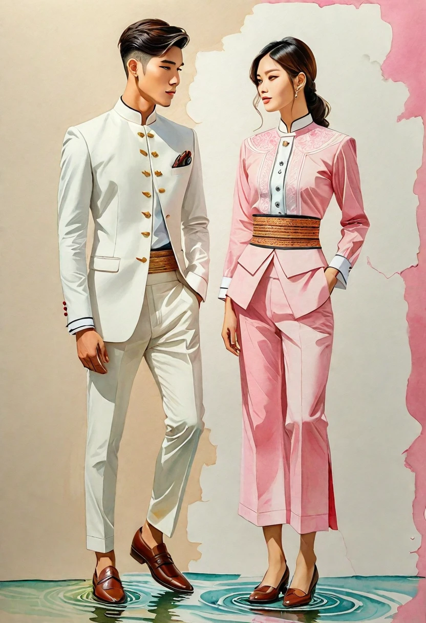 candid fashion illustration of two young man and women, 20-27 year old, adorned in a meticulously crafted North Thai traditional outfits, Lampang, ((showcase fashion Lanna style in cotton handwoven)), simple elegant style, The man wears a simple long-sleeved white mandarin collar suit, paired with Tailor pants, and oxford shoes, The woman complements him with (mini skirt made from a cotton ankle-length), simple minimal pink patterns details, fitted intricately decorated waist-length blouse that complements the skirt, standing, Captured in full-body image, ((imperfect water color background)), sketching, realistic drawing, imperfect water color drawing, fashion look book, fashion illustrator, sketch design,