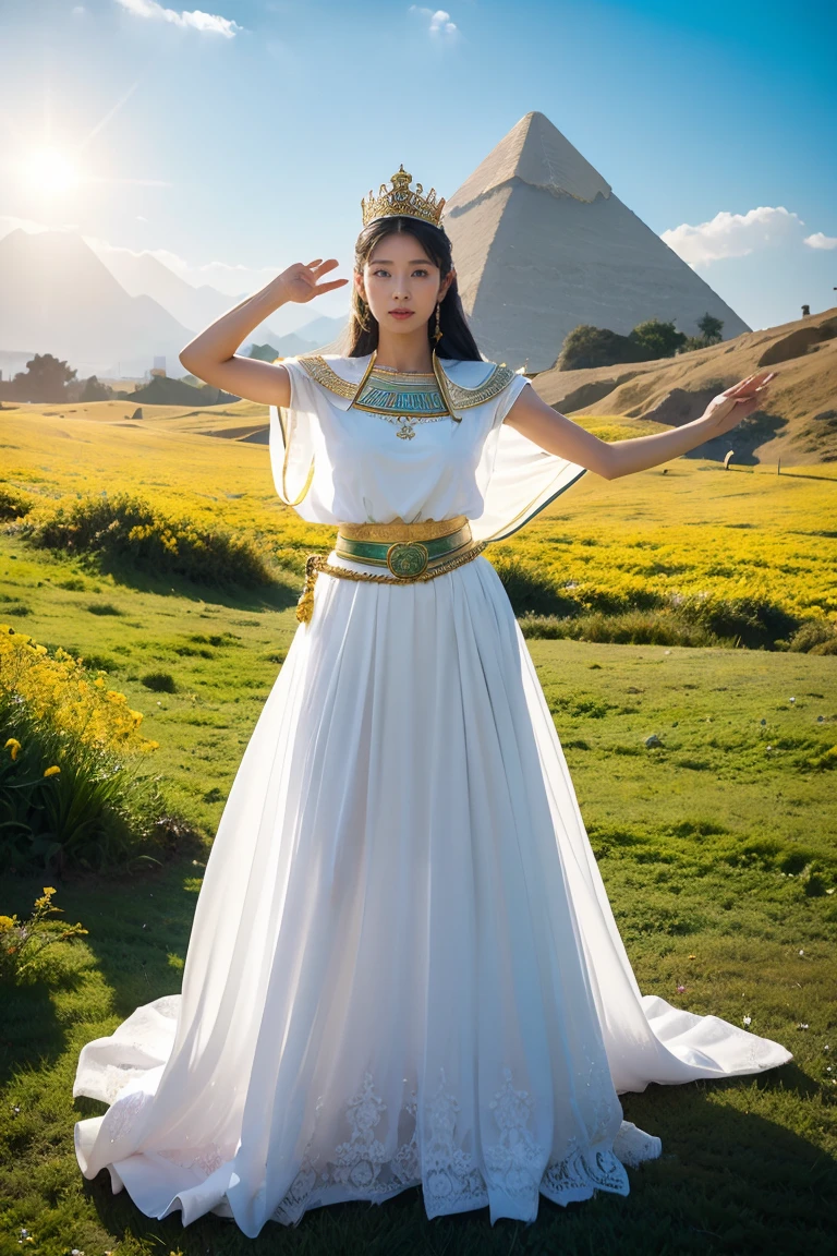 богиня, Египет, красивая женщина, стоять боком., ((Согните немного.)), белая одежда, Корона сделана из цветов., Пояс изготовлен из роз.., Золотое небо, Голубая гора, Зеленая трава、С мечом и щитом