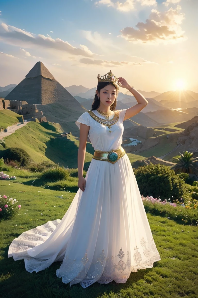 богиня, Египет, красивая женщина, стоять боком., ((Согните немного.)), белая одежда, Корона сделана из цветов., Пояс изготовлен из роз.., Золотое небо, Голубая гора, Зеленая трава、С мечом и щитом