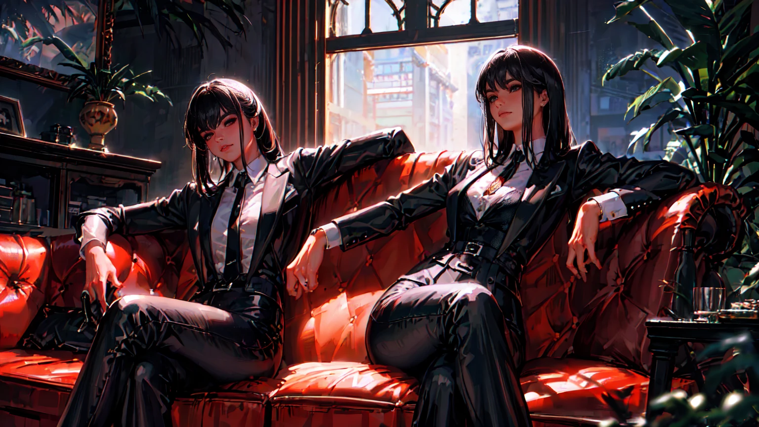 (Masterpiece, Best Quality, Ultra High Resolution , Digital Art,Beautiful and Aesthetic ) One Fancy woman in modern men's suit in youth style , matte black color , lovely thin white but long tie , (silk thick threads of red color connect the necklines on the sides of the whole suit) , . The character sits on a large massive sofa with lots of leather and metal patterns on it in vintage style , an interesting and atmospheric pose that characterizes the character , . 