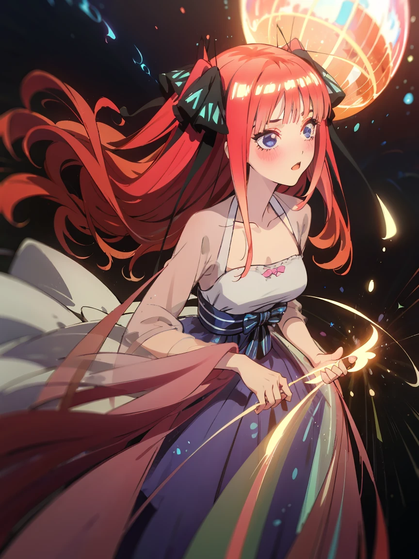 bioluminescent shiny glow, beautiful girl in flowing ballgown dress, galaxy style dress, galaxy glow, sparkling, ethereal, fluffy flowing pink hair, silky glistening iridescent pink hair,  nakano nino, hair ribbons, blue eyes, aanino