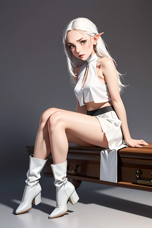 de la máxima calidad　Alta resolución　Simple　Funeraria Freelen　Una linda chica haciendo cosplay de Frielen　pelo blanco　orejas puntiagudas　Traje blanco brillante　Mini falda　botas　cabeza a pies