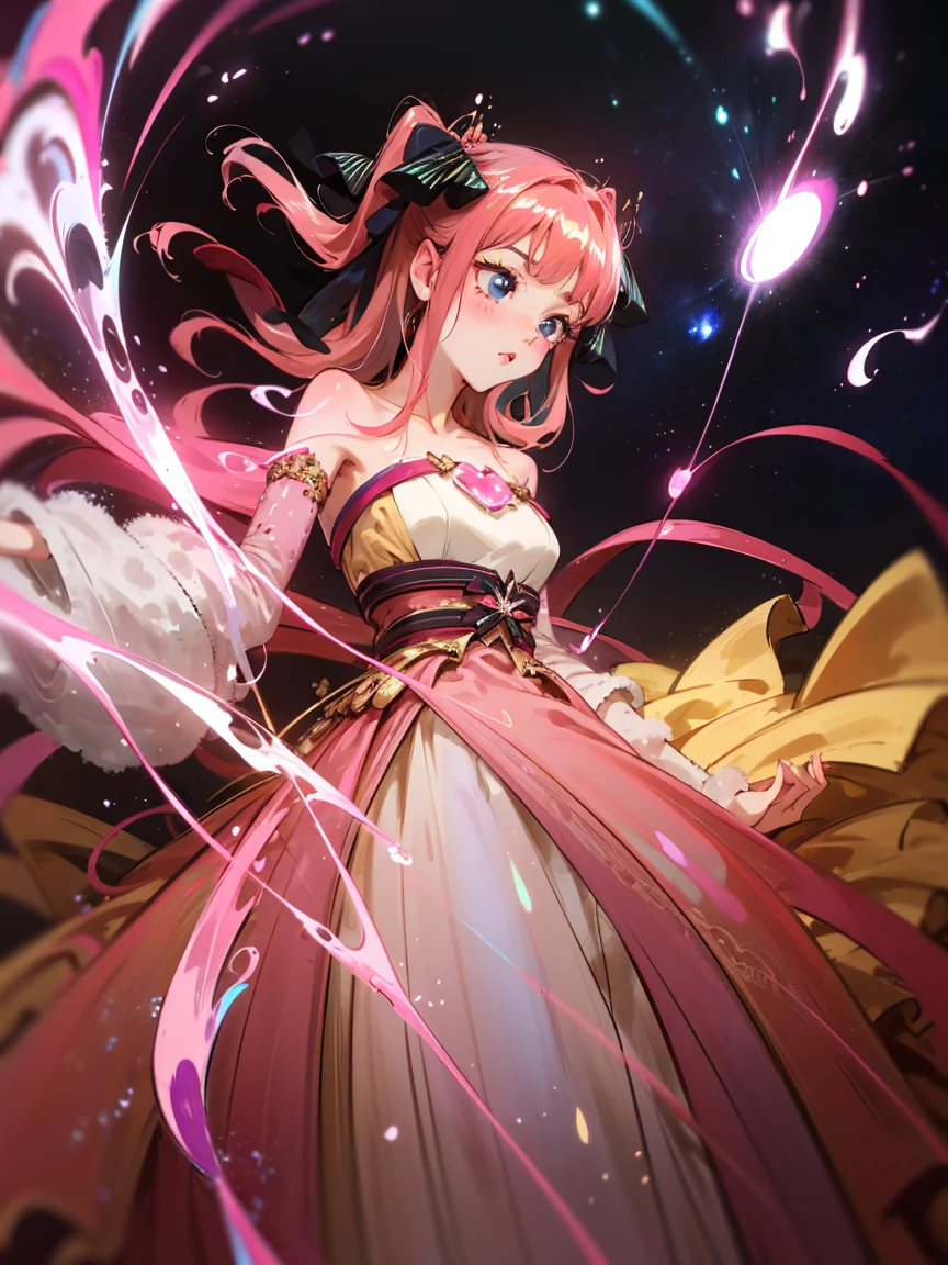 lueur brillante bioluminescente, belle fille en robe de bal fluide, robe de style galaxie, lueur de galaxie, Pétillant, éthéré, cheveux roses fluides et duveteux, cheveux roses irisés soyeux et brillants,  Nakano Nino, rubans pour cheveux, yeux bleus, allons