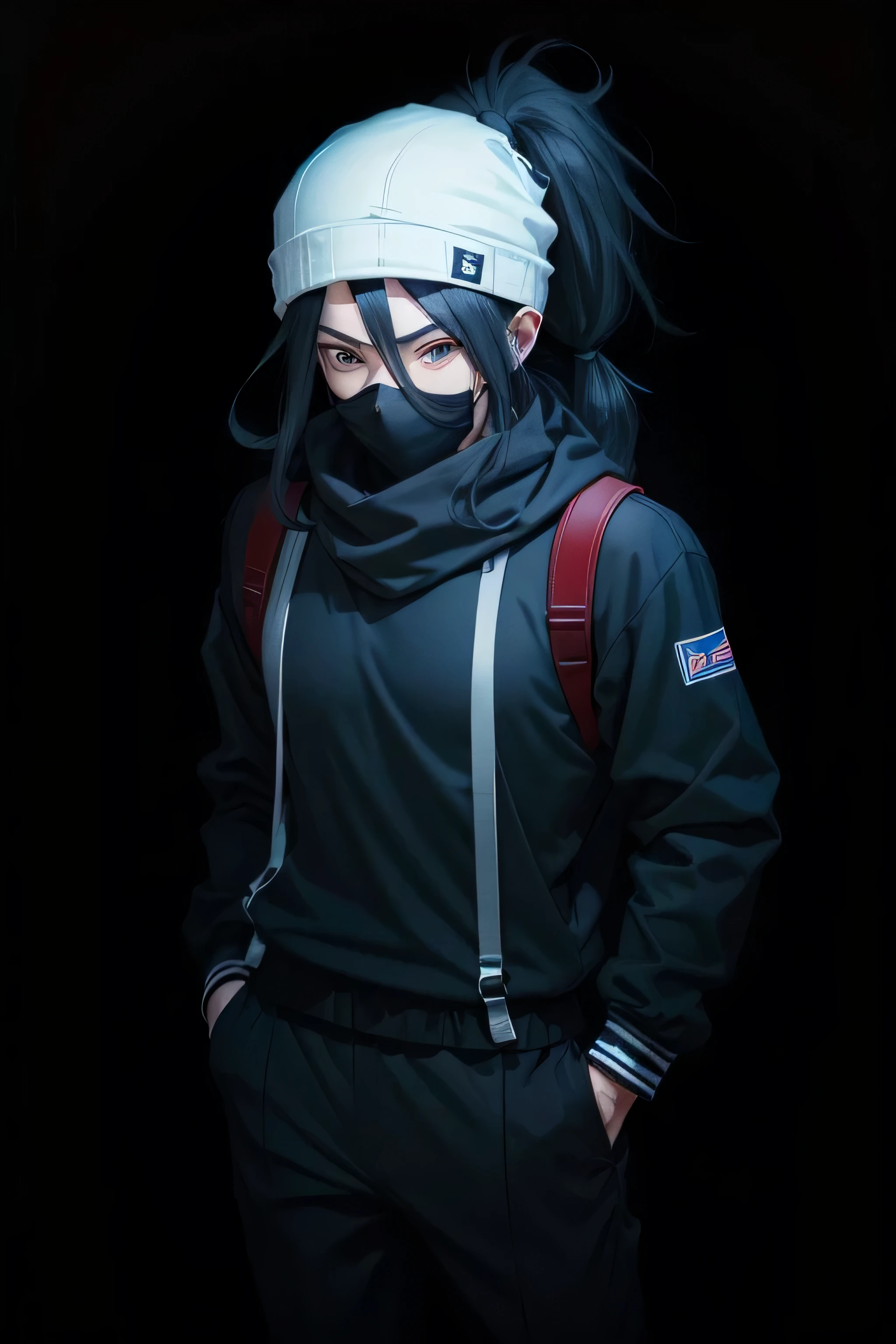 naughty man;
black hair;
Wear a ponytail;
Wears a white cap with a star design Blue eyes Black clothing with red details Baggy pants Black ninja coat Wears a black mask covering the mouth and nose 

Homem 
Man 
Yong 