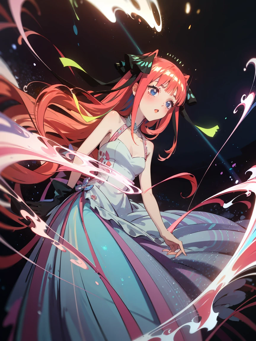 bioluminescent shiny glow, beautiful girl in flowing ballgown dress, galaxy style dress, galaxy glow, sparkling, ethereal, fluffy flowing pink hair, silky glistening iridescent pink hair,  nakano nino, hair ribbons, blue eyes, aanino