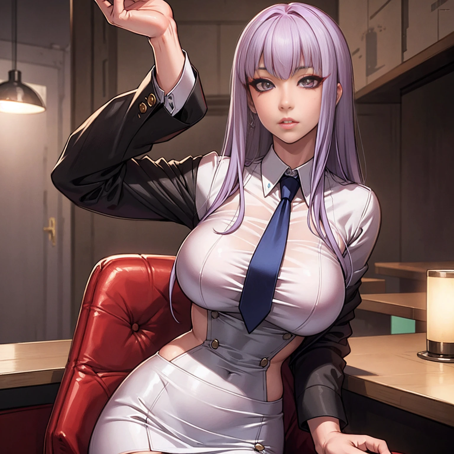 Character:

Source: sakuyarindou768 (references a specific artist's style, if applicable)
Age: Mature female
Body:
Hourglass figure
Big, perfect round breasts
Thin waist
Nice, detailed hands
Perfect hands
Attire:
Business outfit
Formal jacket
Necktie
White shirt
High-waisted skirt
Heels
Style:

Photorealistic
Hyperrealistic (to emphasize extreme detail)
Masterpiece quality
Extremely detailed
Focus:

Face:
Beautiful
Detailed eye makeup
Detailed facial features
Nice, detailed eyes
Realistic pupils
Realistic iris
Heavy eye makeup (separate from detailed eye makeup, suggests a bolder style)
Background:

Working at a restaurant
Additional Notes:

Perfect lighting to highlight the character and details