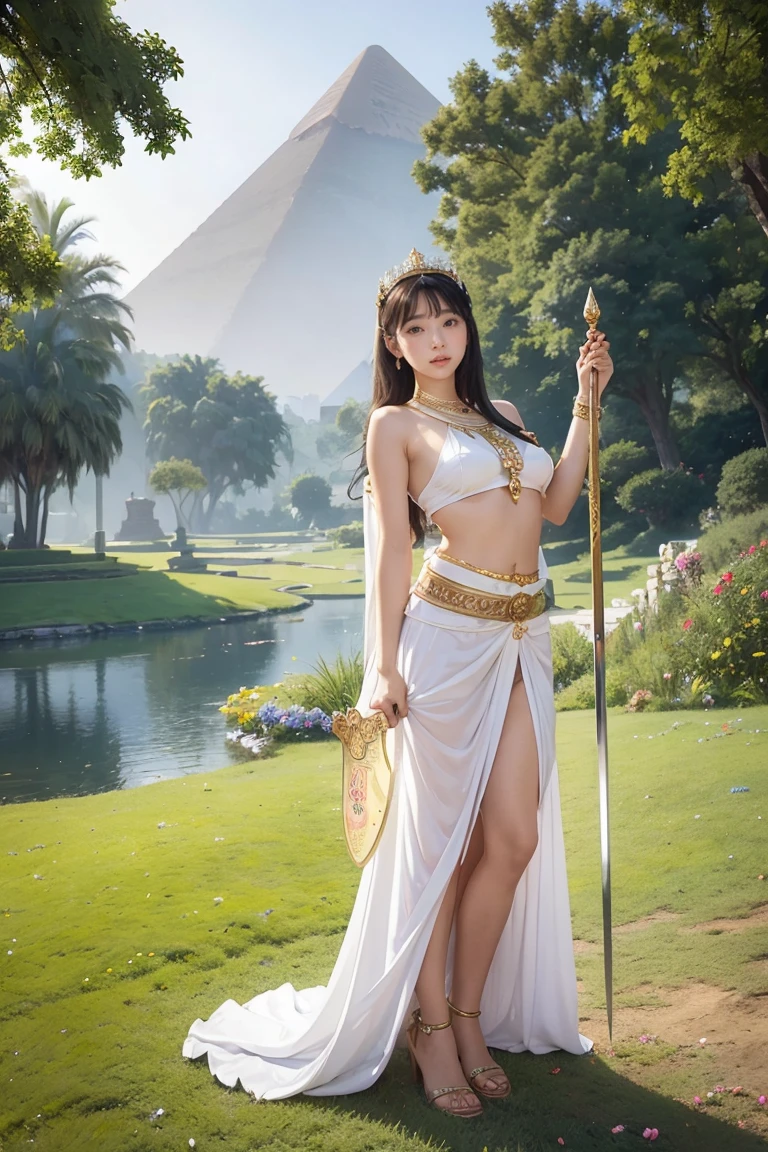 goddess, Egypt, Beautiful woman, Stand sideways., ((bend a little.)), White clothes, The crown is made of flowers., The belt is made of roses., golden sky, Blue mountain, Green Grass、With a sword and shield