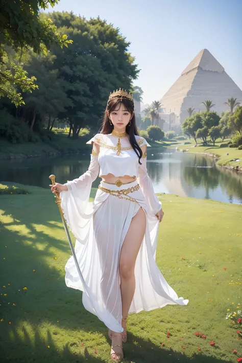 goddess, Egypt, Beautiful woman, Stand sideways., ((bend a little.)), White clothes, The crown is made of flowers., The belt is ...