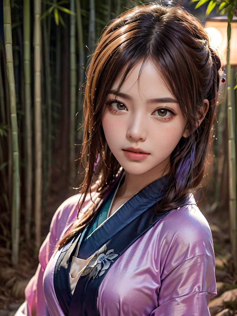 Highest quality, masterpiece, Ultra-high resolution, (Realistic:1.4), RAW Photos, One Girl, Incredibly beautiful kimono, Twelve-layered kimono, Japanese clothing, Deep Shadow, Moderate, Bamboo forest at night, Illuminated by the moonlight, 20-year-old,Cute face, (head shot:1.5)