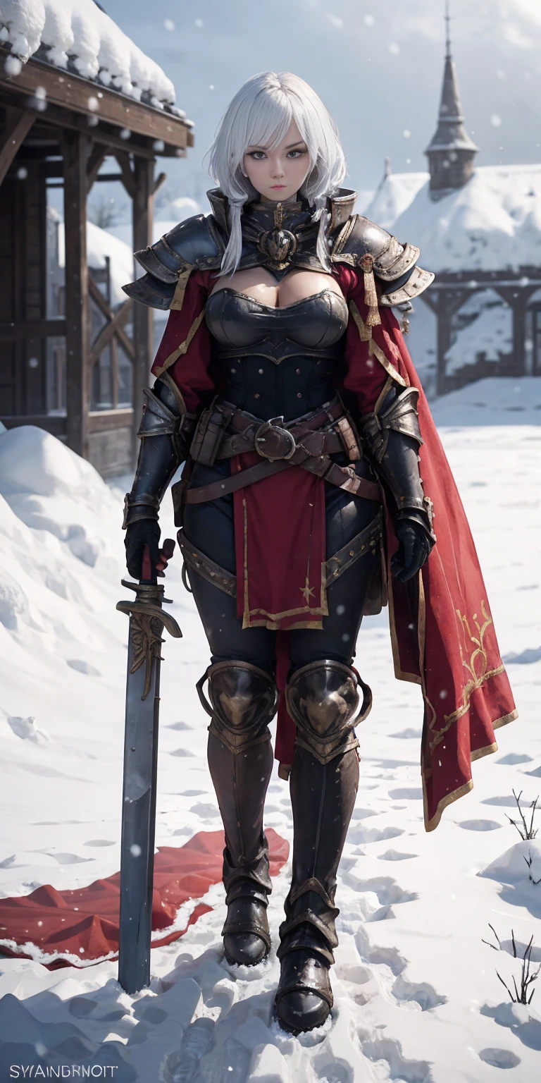 full body standind straight symmetrical, FEMALE warrior princess, big belt around waist, hair, very white skin like snow, wearing full heavy armor red cape, brown leather boots, adventurer outfit, veteran warrior milf bimbo