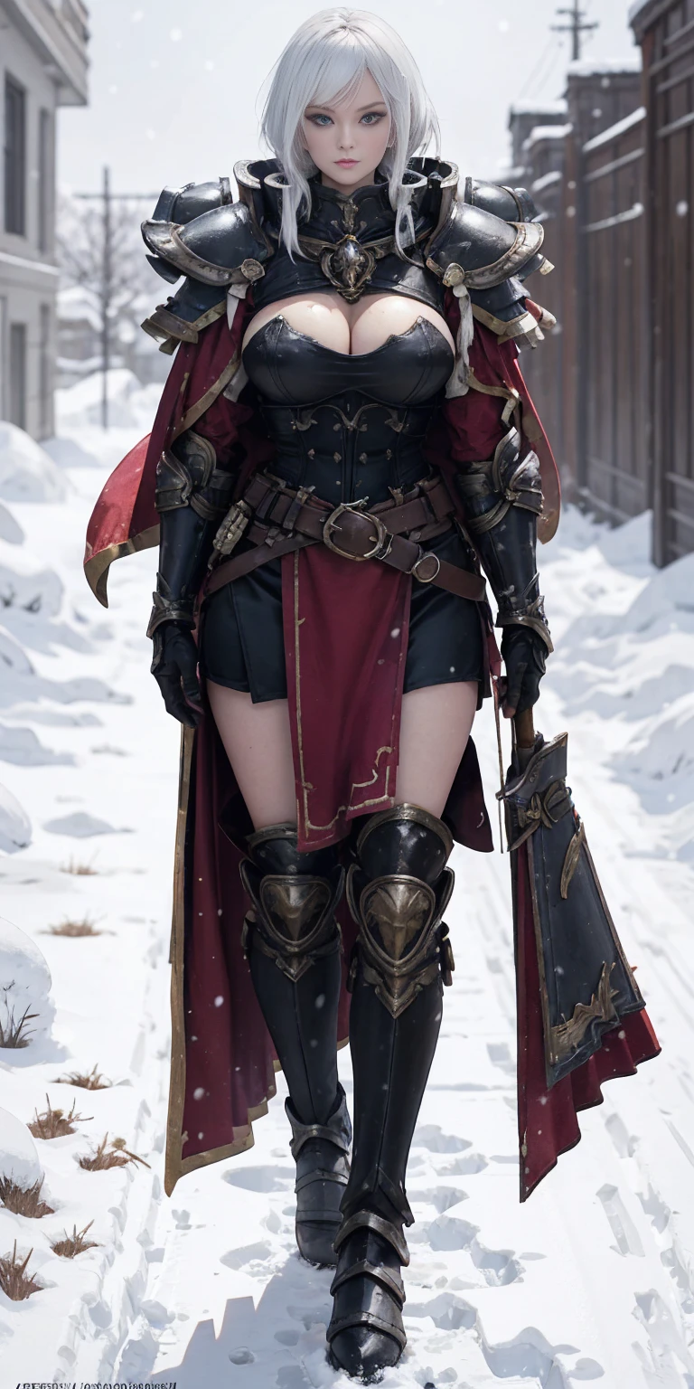 full body standind straight symmetrical, FEMALE warrior princess, big belt around waist, hair, very white skin like snow, wearing full heavy armor red cape, brown leather boots, adventurer outfit, veteran warrior milf bimbo