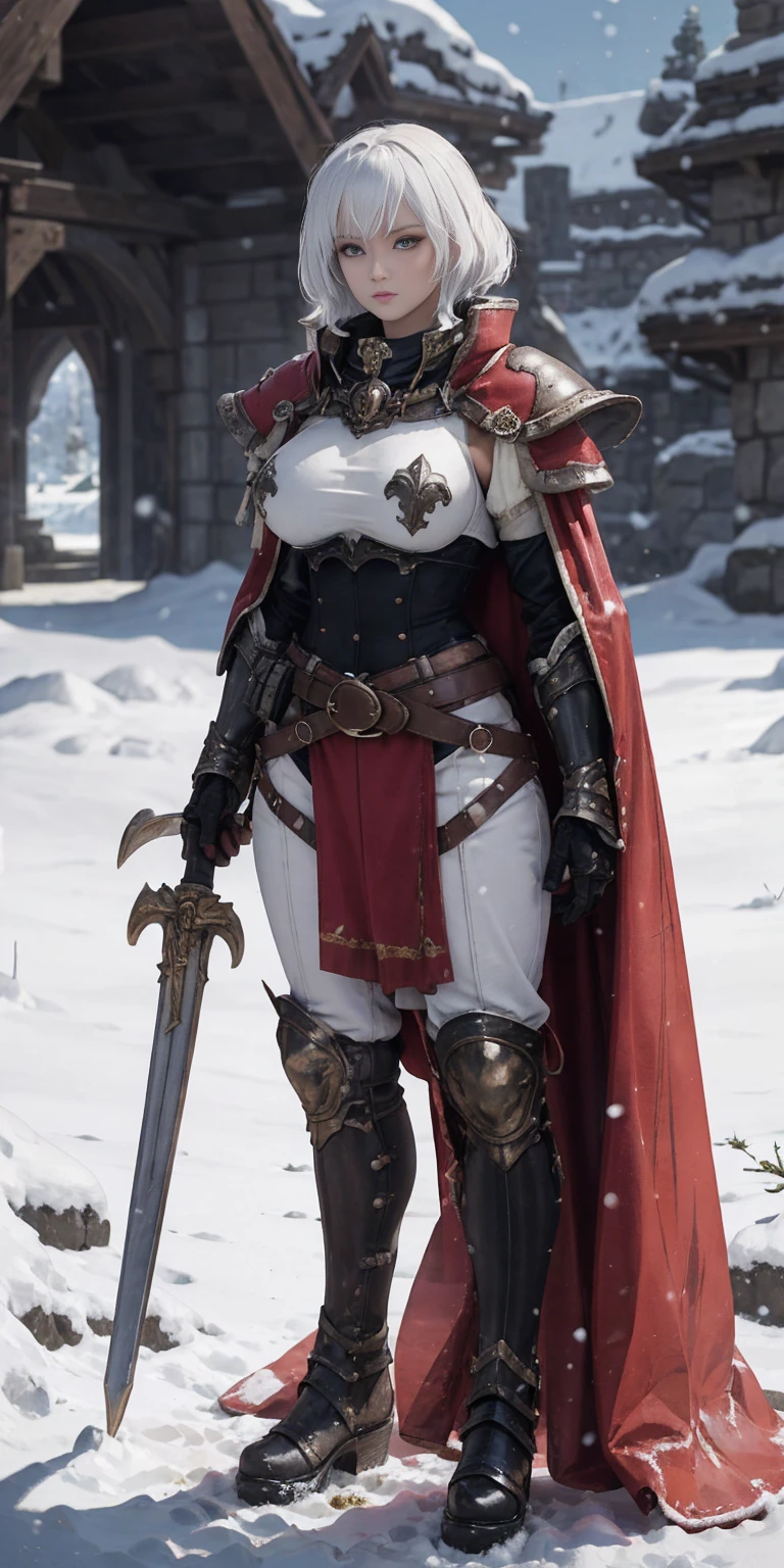 full body standind straight symmetrical, FEMALE warrior princess, big belt around waist, hair, very white skin like snow, wearing full heavy armor red cape, brown leather boots, adventurer outfit, veteran warrior milf bimbo