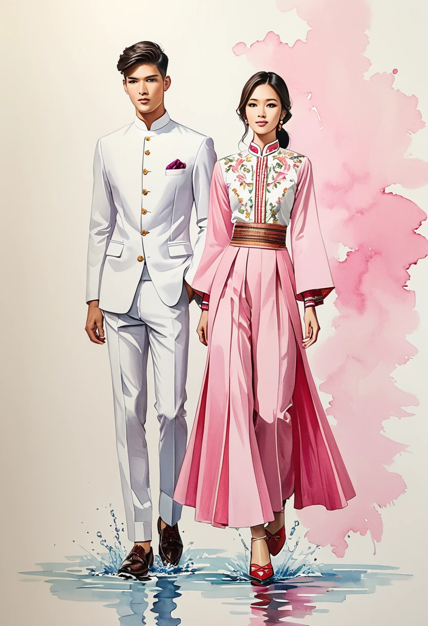 candid fashion illustration of two young man and women, 20-27 year old, adorned in a meticulously crafted North Thai traditional outfits, Lampang, ((showcase fashion Lanna style in cotton handwoven in pink)), simple elegant style, The man wears a simple long-sleeved white mandarin collar suit, paired with Tailor pants, and oxford shoes, The woman complements him with ankle-length tubular skirt, simple minimal patterns details, fitted intricately decorated waist-length blouse that complements the skirt, standing, Captured in full-body image, ((imperfect water color background)), sketching, realistic drawing, imperfect water color drawing, fashion look book, fashion illustrator, sketch design,