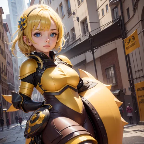 1 girl, cogarmor2023, city, yellow armor, 8k hd, best quality, masterpiece, bright accents