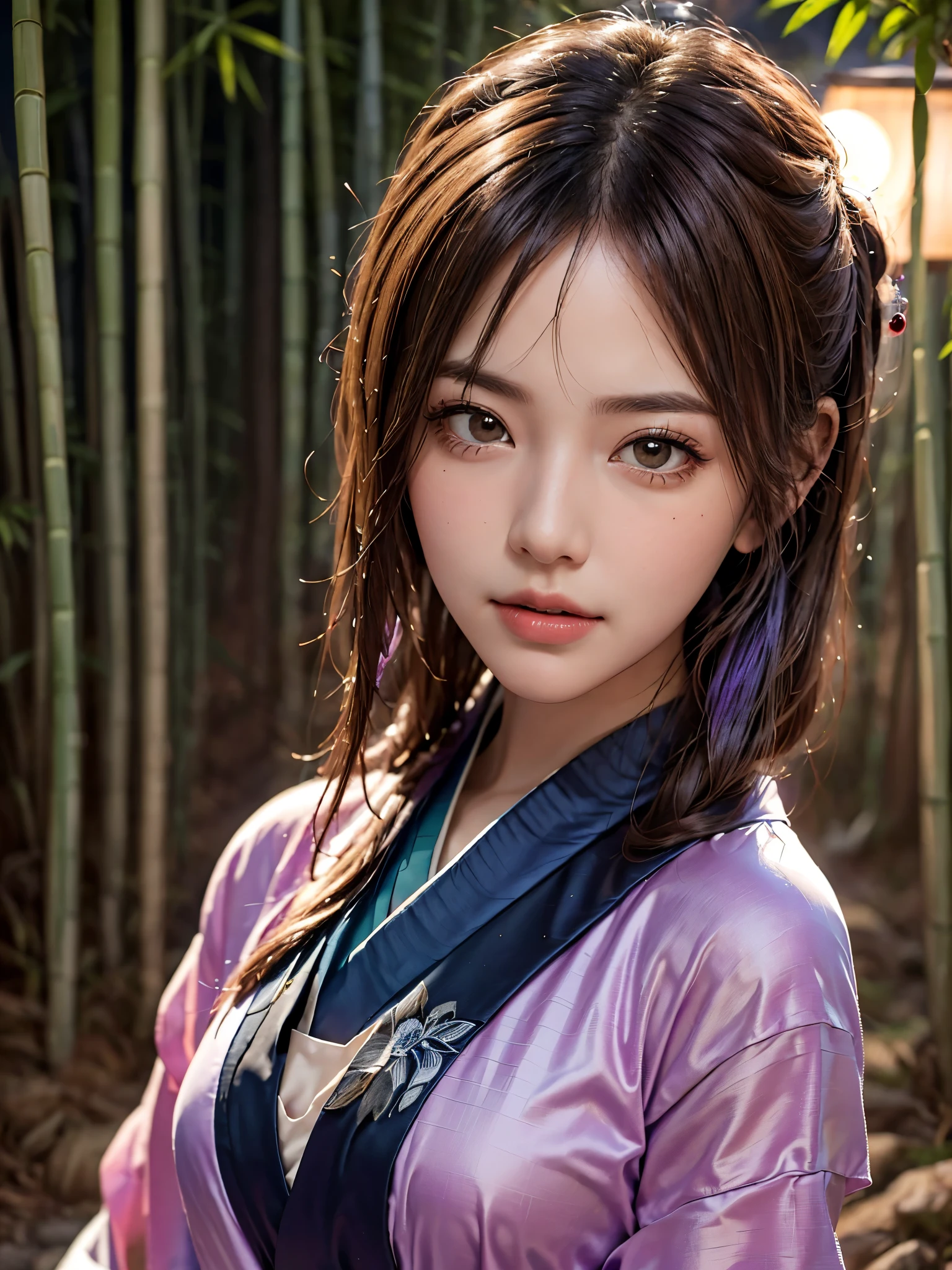 Highest quality, masterpiece, Ultra-high resolution, (Realistic:1.4), RAW Photos, One Girl, Incredibly beautiful kimono, Twelve-layered kimono, Japanese clothing, Deep Shadow, Moderate, Bamboo forest at night, Illuminated by the moonlight, 20-year-old,Cute face, (head shot:1.5)