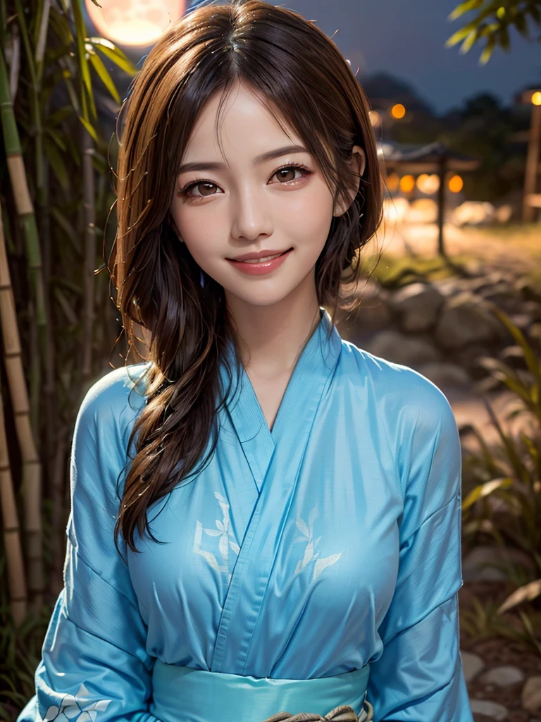 Highest quality, masterpiece, Ultra-high resolution, (Realistic:1.4), RAW Photos, One Girl, Incredibly beautiful kimono, Twelve-layered kimono, Japanese clothing, Deep Shadow, Moderate, Bamboo forest at night, Illuminated by the moonlight, 20-year-old, (A kind smile:1.3), Cute face, (head shot:1.5)