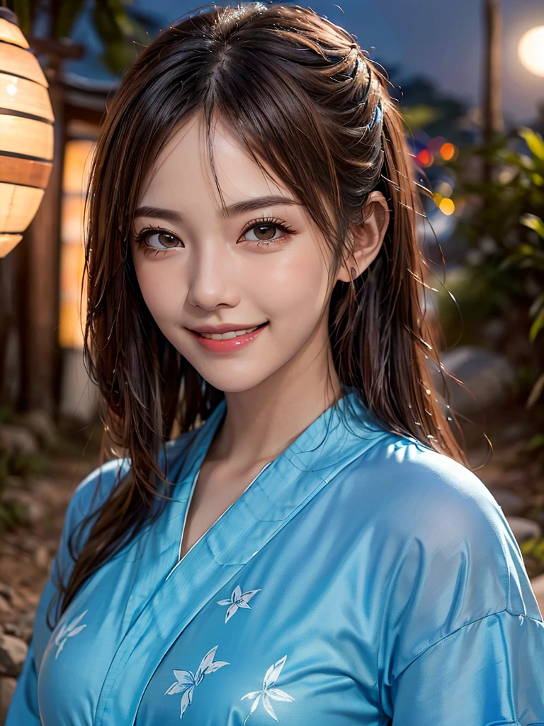 Highest quality, masterpiece, Ultra-high resolution, (Realistic:1.4), RAW Photos, One Girl, Incredibly beautiful kimono, Twelve-layered kimono, Japanese clothing, Deep Shadow, Moderate, Bamboo forest at night, Illuminated by the moonlight, 20-year-old, (A kind smile:1.3), Cute face, (head shot:1.5)
