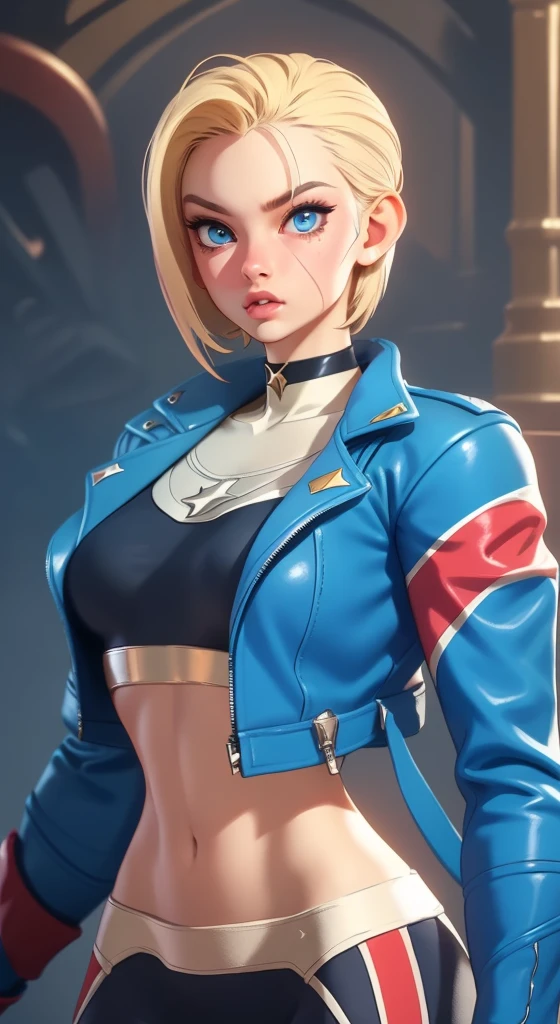 Young female, with blonde hair, blue eyes, and short hair, wearing Captain Marvel's outfit