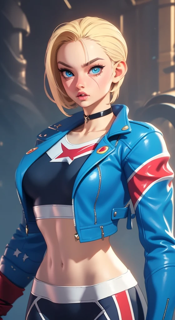 Young female, with blonde hair, blue eyes, and short hair, wearing Captain Marvel's outfit