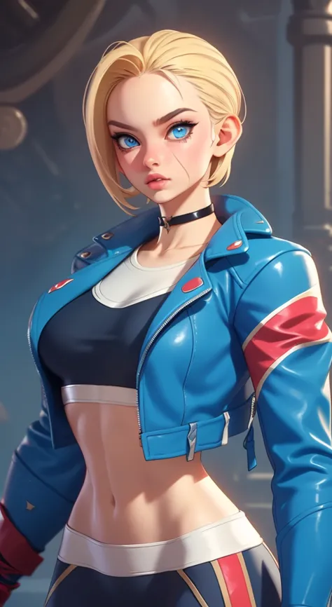 Young female, with blonde hair, blue eyes, and short hair, wearing Captain Marvel's outfit