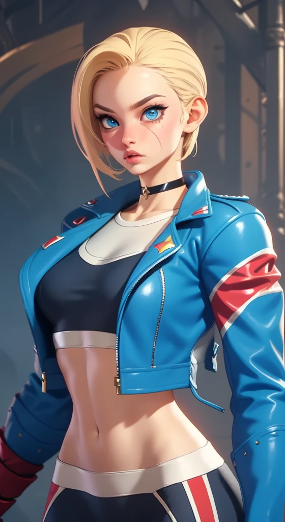 Young female, with blonde hair, blue eyes, and short hair, wearing Captain Marvel's outfit