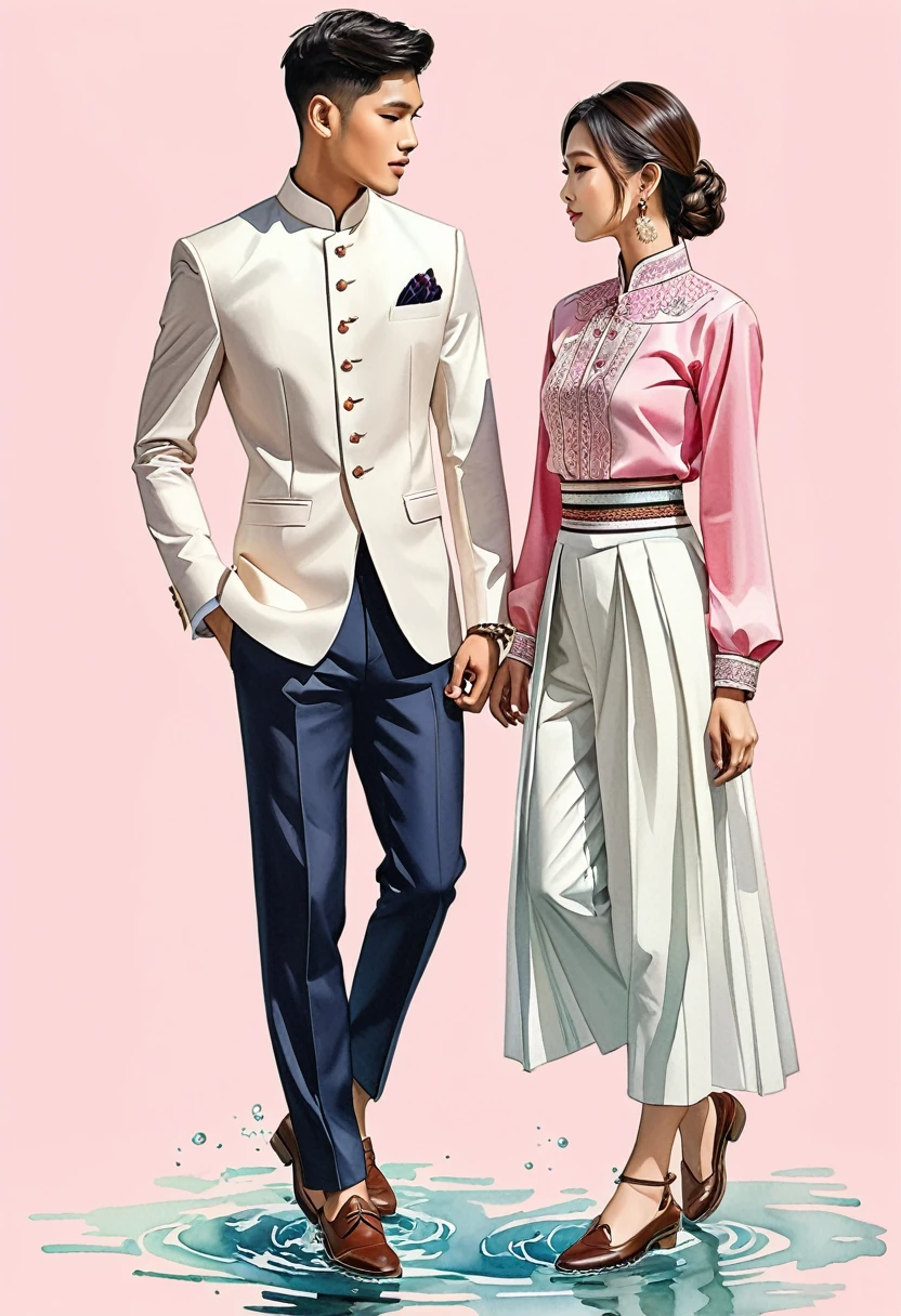 ilustración de moda sincera de dos hombres y mujeres jóvenes, 20-2, adornado con trajes tradicionales del norte de Tailandia meticulosamente elaborados, Tipo, ((escaparate de moda estilo Lanna en algodón tejido a mano en color rosa)), estilo sencillo y elegante, El hombre viste un sencillo traje blanco de manga larga con cuello mao., combinado con pantalones de sastre, y zapatos oxford, La mujer lo complementa con una falda tubular de largo hasta los tobillos, detalles de patrones minimalistas simples, blusa ajustada hasta la cintura intrincadamente decorada que complementa la falda, de pie, Capturado en imagen de cuerpo completo., ((fondo de color de agua imperfecto)), dibujando, dibujo realista, pintura de acuarela imperfecta, libro de look de moda, ilustrador de moda, diseño de boceto,