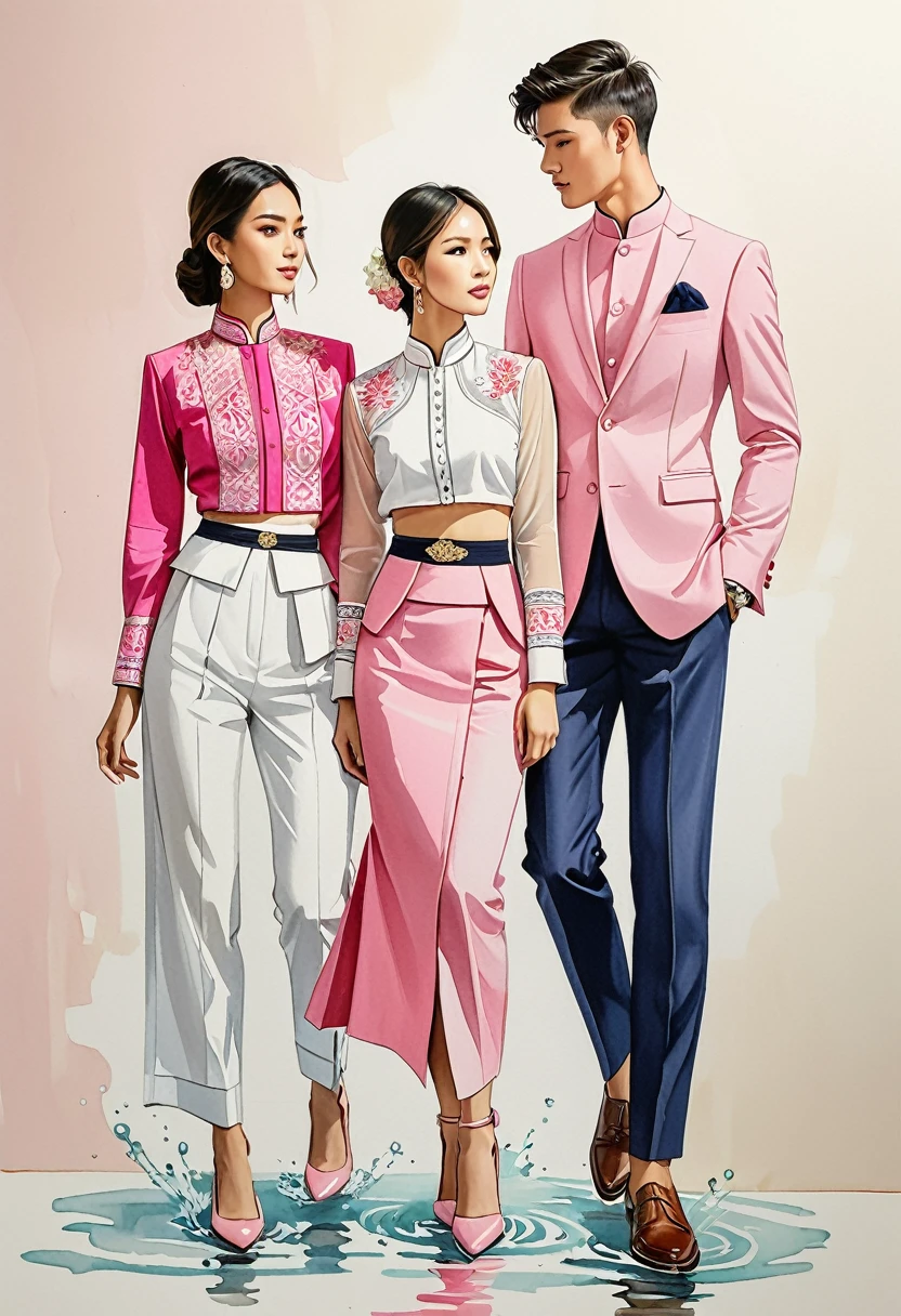 candid fashion illustration of two young man and women, 20-27 year old, adorned in a meticulously crafted North Thai traditional outfits, Lampang, ((showcase fashion Lanna style in cotton handwoven in pink)), simple elegant style, The man wears a simple long-sleeved white mandarin collar suit, paired with Tailor pants, and oxford shoes, The woman complements him with ankle-length tubular skirt, simple minimal patterns details, fitted intricately decorated waist-length blouse that complements the skirt, standing, Captured in full-body image, ((imperfect water color background)), sketching, realistic drawing, imperfect water color painting, fashion look book, fashion illustrator, sketch design,